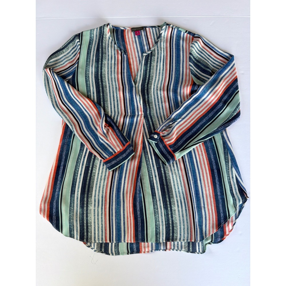 Vince Camuto Blue Orange Striped V-Neck Blouse Long Sleeve High Low Top Medium